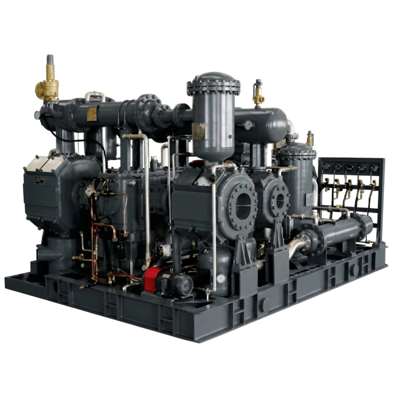 Detailed view of a heavy-duty oil-free hydrogen circulation compressor demonstrating the precise large-diameter cylinder layout