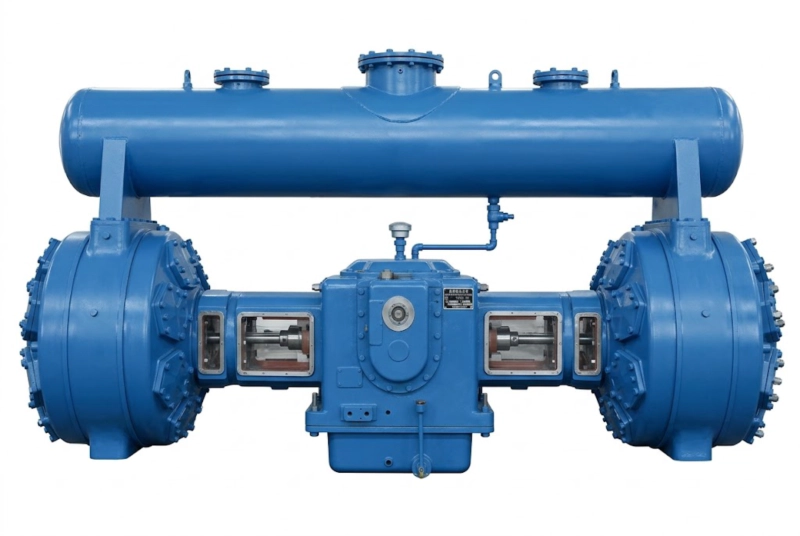 DW-300/1.5 Mega-Capacity Low-Pressure Oil-Free Process Air Compressor showing massive cylinder heads and heavy-duty balanced frame