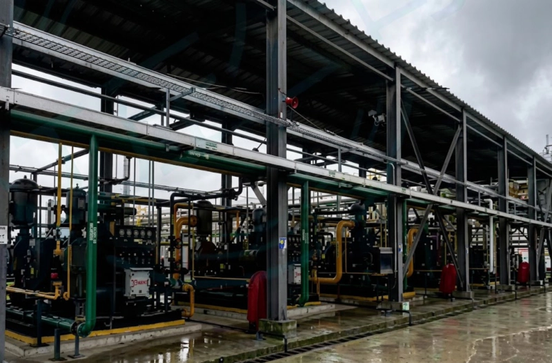 Detailed view of a multi-stage oil-free hydrogen compressor demonstrating the precise cylinder layout and heavy piping