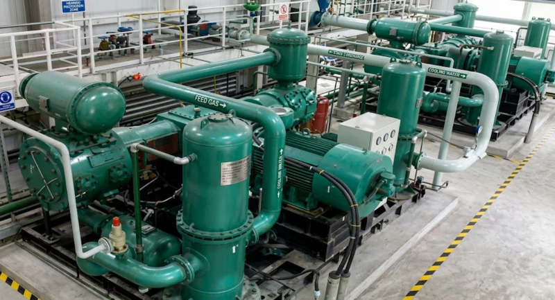 Heavy-duty oil-free gas compressor structural frame deployed in a large industrial manufacturing facility showing balanced opposed geometry