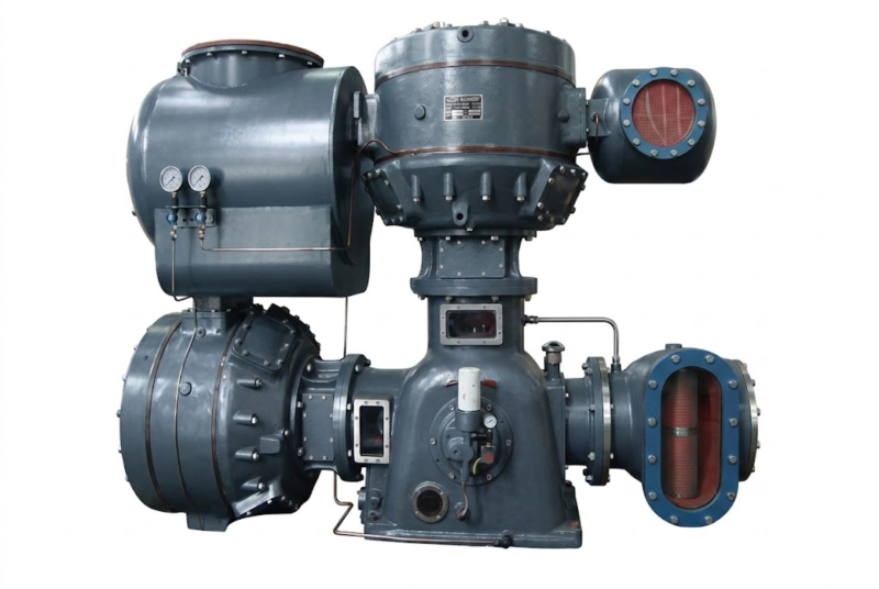 Detailed view of a multi-stage oil-free hydrogen compressor demonstrating the precise cylinder layout and heavy piping