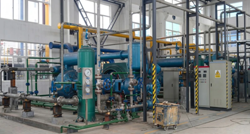Detailed view of the extreme heavy-duty 4-stage compressor structure and highly polished 316L stainless steel extreme-pressure piping mechanisms to prevent oxidation and ensure 35 bar containment