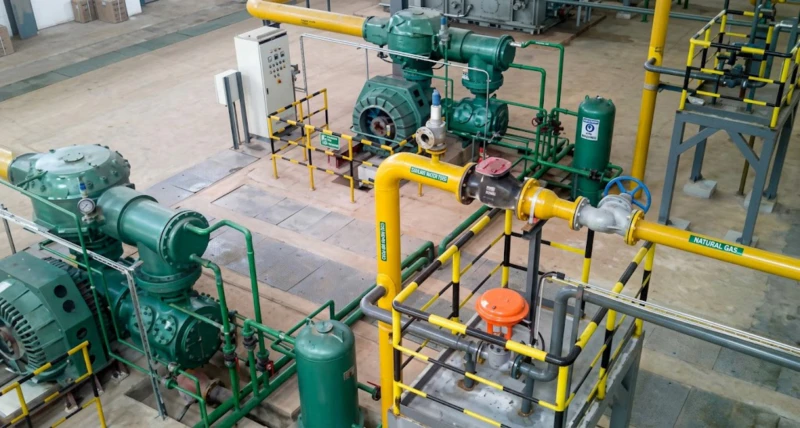 High-capacity oil-free multi-gas compressor installation showing heavy-duty M-Type frame and massive industrial water cooling jackets for 4-stage process